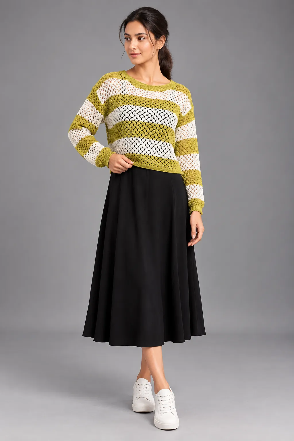 Striped Crochet Knit Sweater with Flared Midi Skirt — Dresses from GoGurll