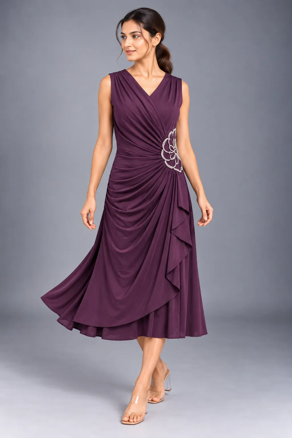 Roselle Ruched Floral Embellished Midi Dress — Party Wear from GoGurll