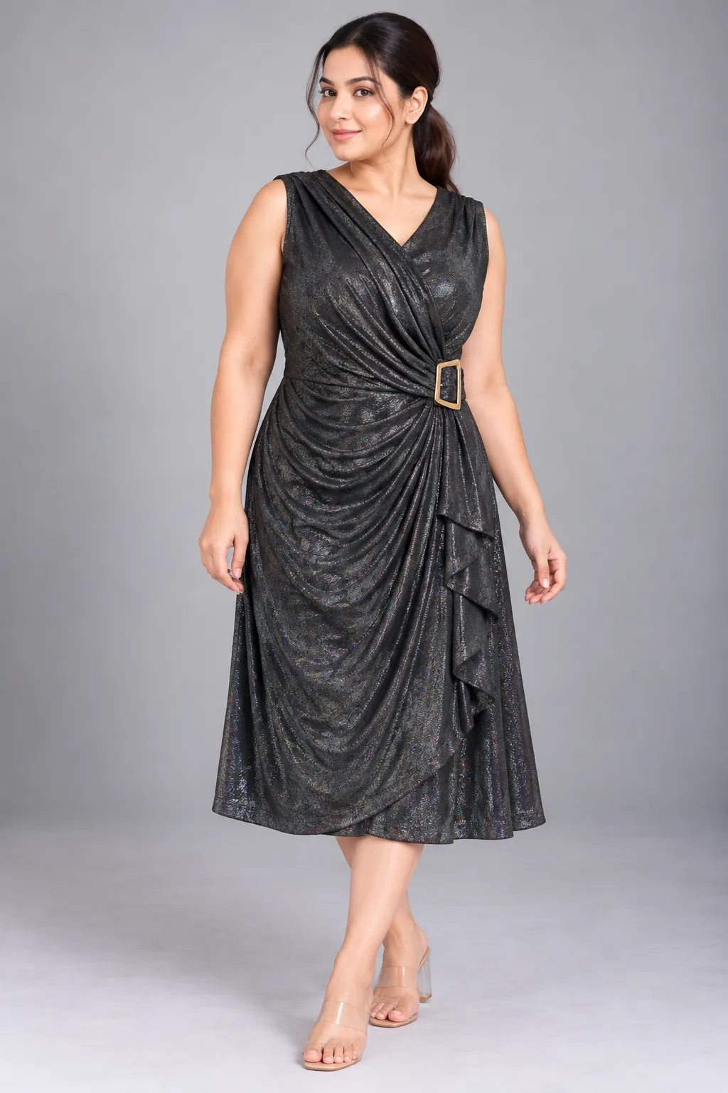 Shimmer Drape Buckle Midi Dress — Party Wear from GoGurll