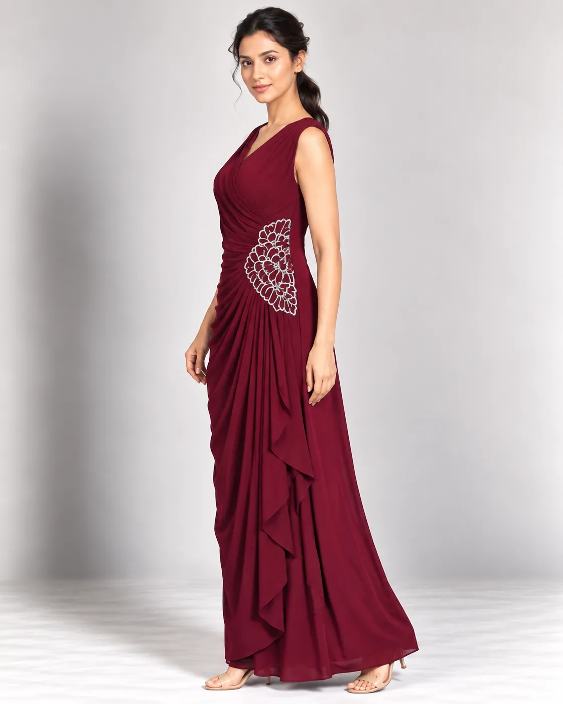 Floral Embellished Draped Maxi Dress — Party Wear from GoGurll