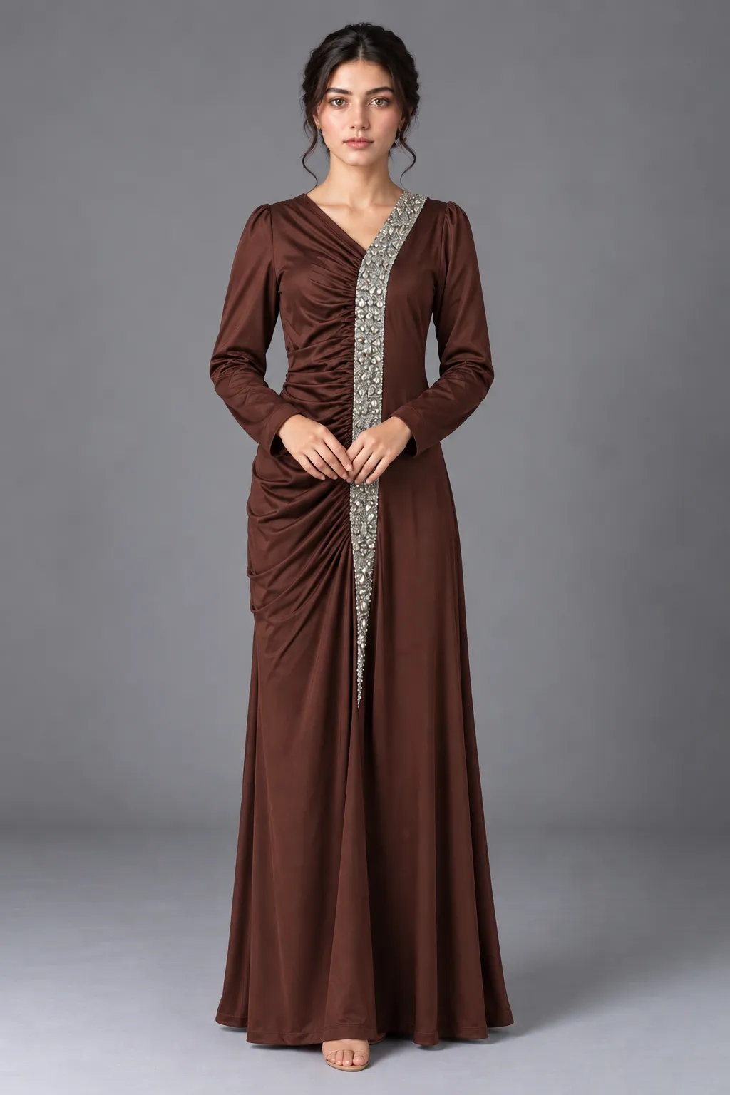 Mocha Drape Embellished Maxi Dress — Party Wear from GoGurll