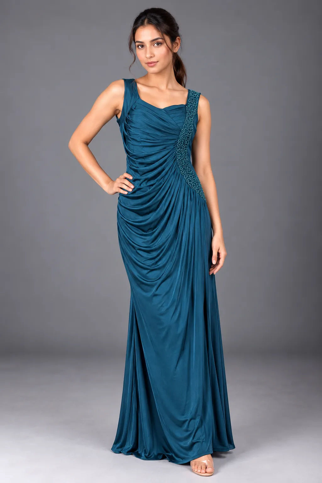 Teal Luxe Draped Evening Gown — Party Wear from GoGurll