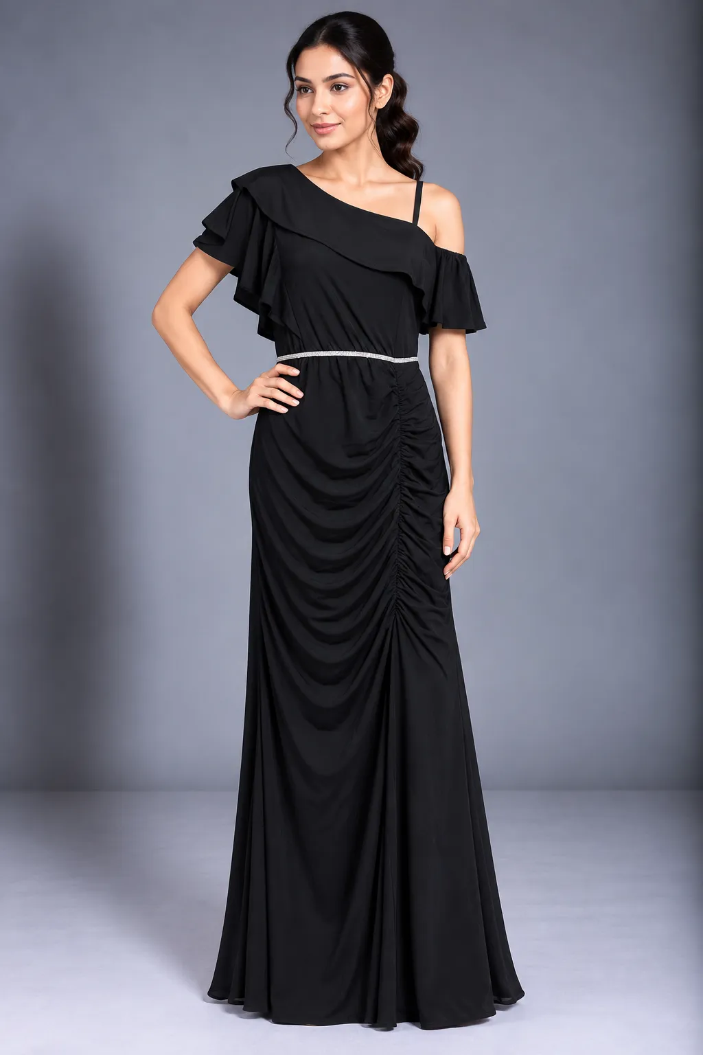 Midnight Ruffle One-Shoulder Maxi Dress — Party Wear from GoGurll