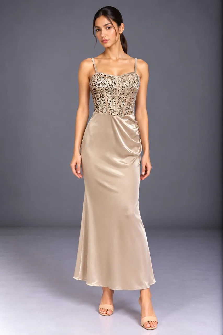 Champagne Luxe Embellished Satin Maxi Dress — Party Wear from GoGurll