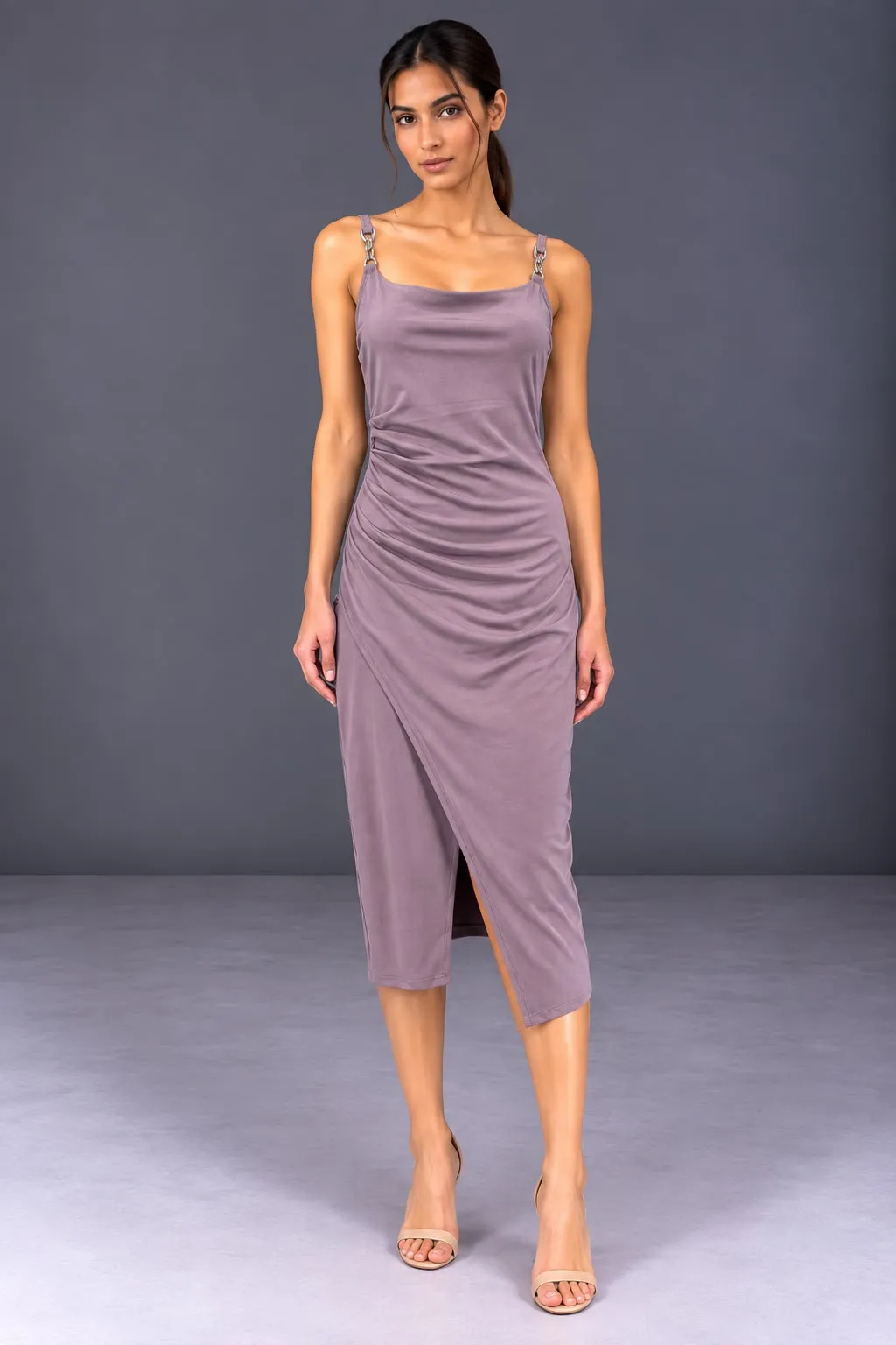 Mauve Elegance Ruched Midi Dres — Party Wear from GoGurll