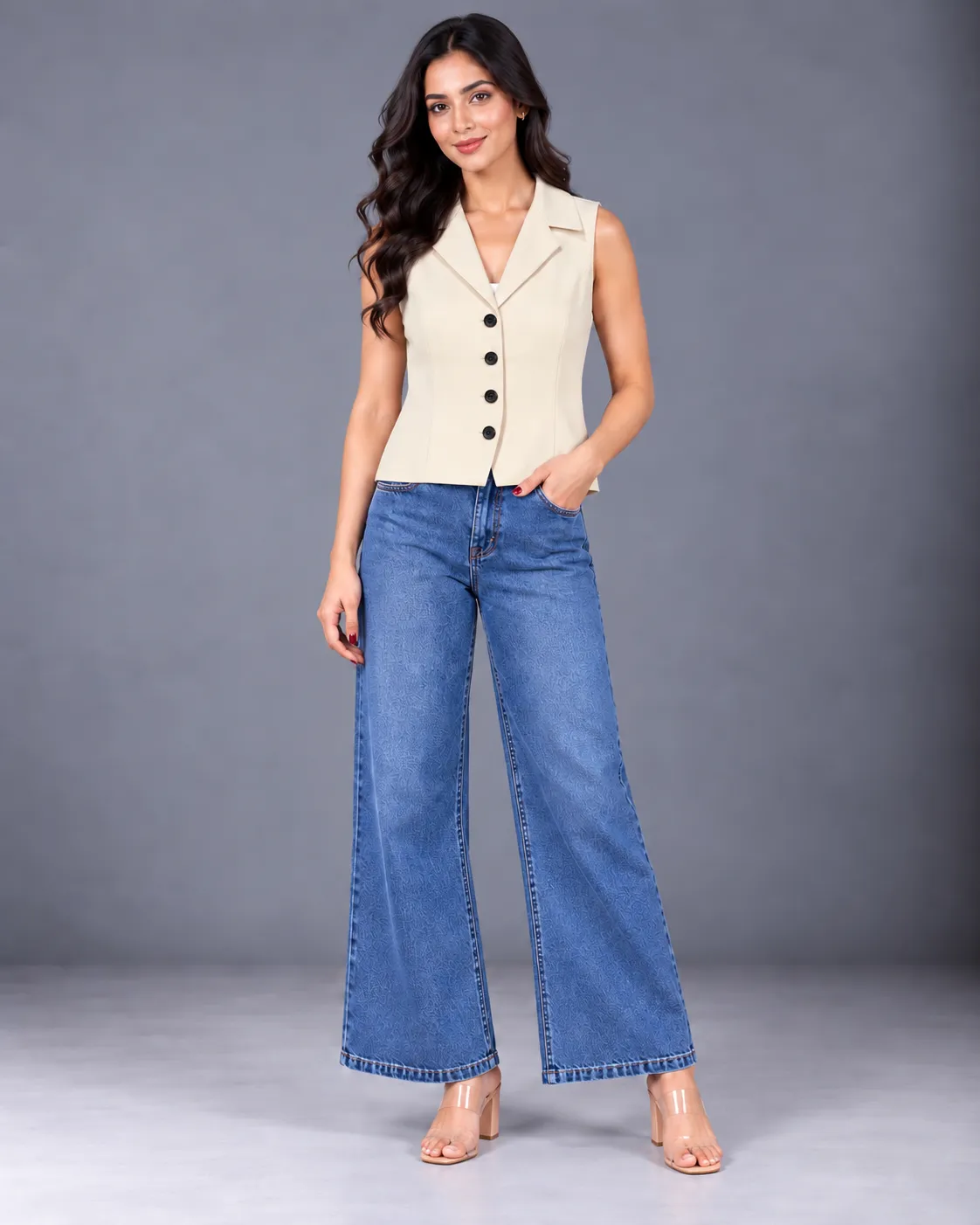 Women’s Beige Four-Button Tailored Sleeveless Vest — Tops from GoGurll