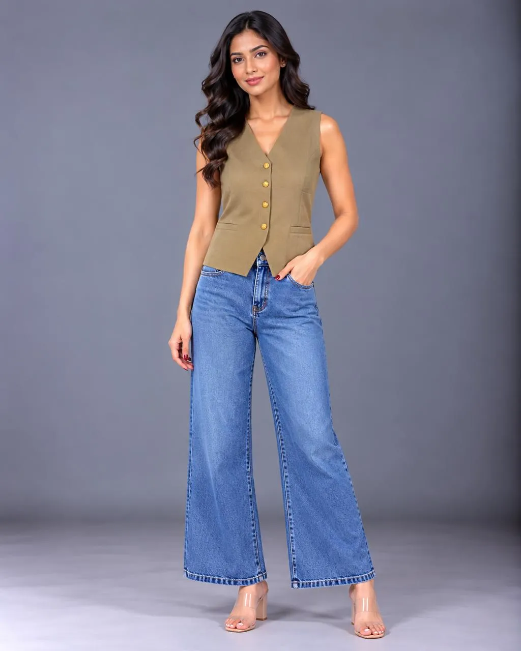 Women’s Olive Green Four-Button Tailored Sleeveless Vest — Tops from GoGurll