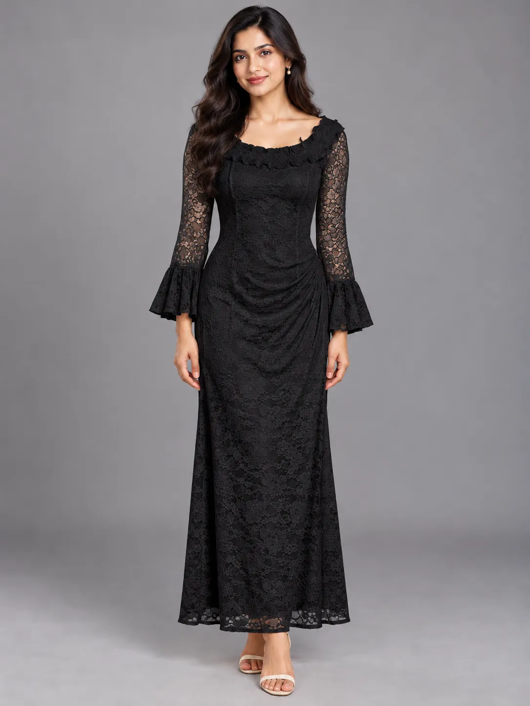 Elegant  Floral Lace Maxi Dress with Bell Sleeves — Dress Collections from GoGurll