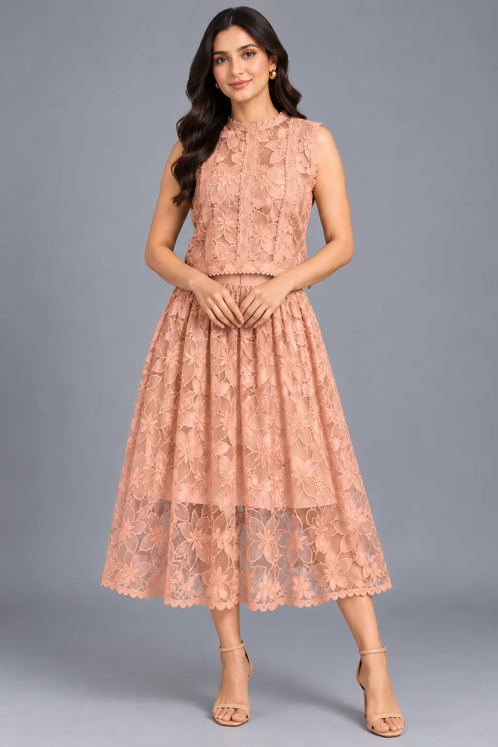 Floral Lace Sleeveless Crop Top & Midi Skirt Co-Ord Set — Co-Ord Sets from GoGurll