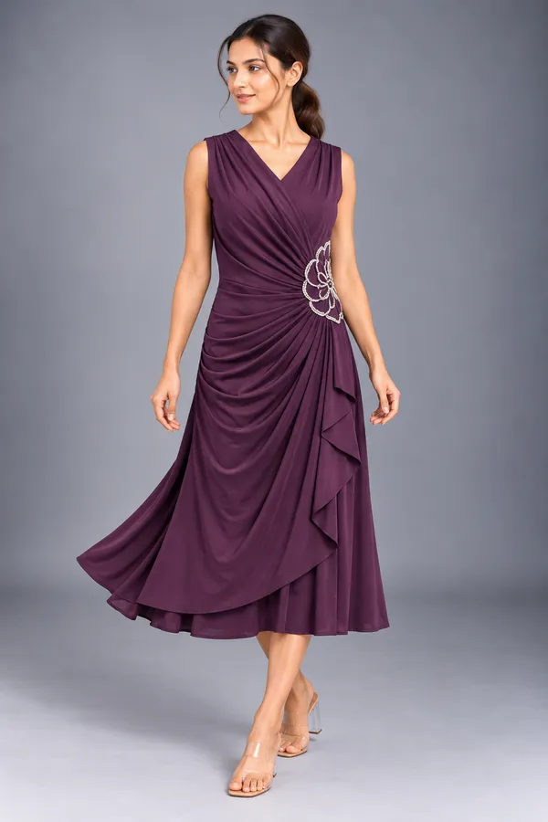 Roselle Ruched Floral Embellished Midi Dress