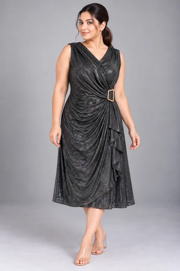 Shimmer Drape Buckle Midi Dress
