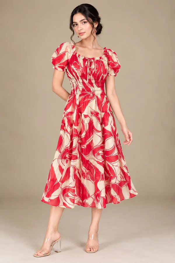 Abstract Bloom Smocked Midi Dress