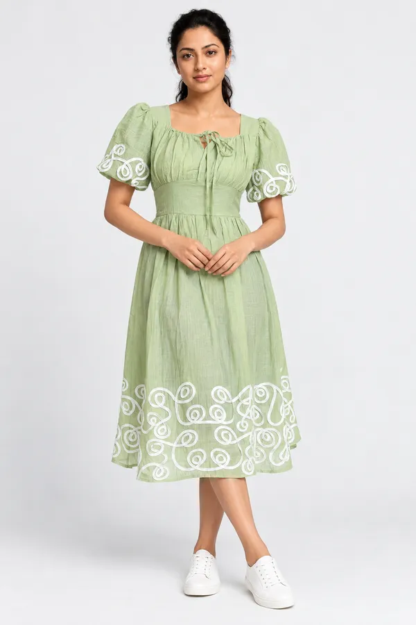 Sage Swirl Embroidered Midi Dress