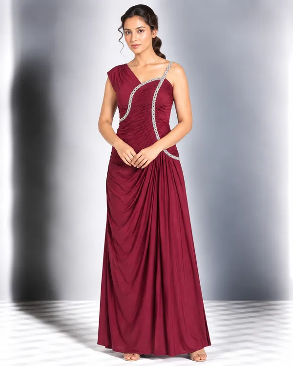 Crystal Curve Asymmetric Draped Maxi Dress