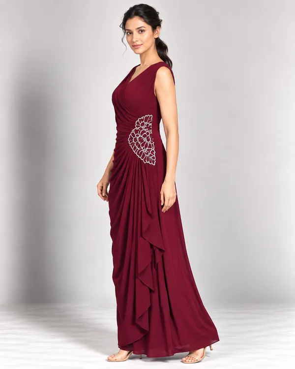 Floral Embellished Draped Maxi Dress