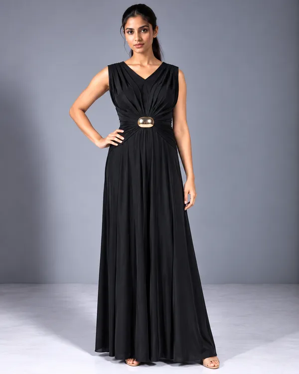 Regal Ruched Buckle Maxi Dress