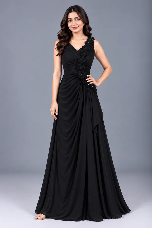 Floral Appliqué Draped Maxi Gown
