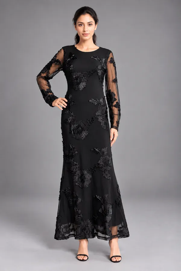Floral Embroidered Mesh Maxi Dress
