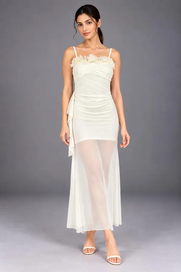 Ivory Bloom Ruched Maxi Dress