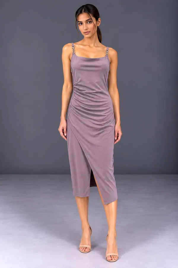 Mauve Elegance Ruched Midi Dres
