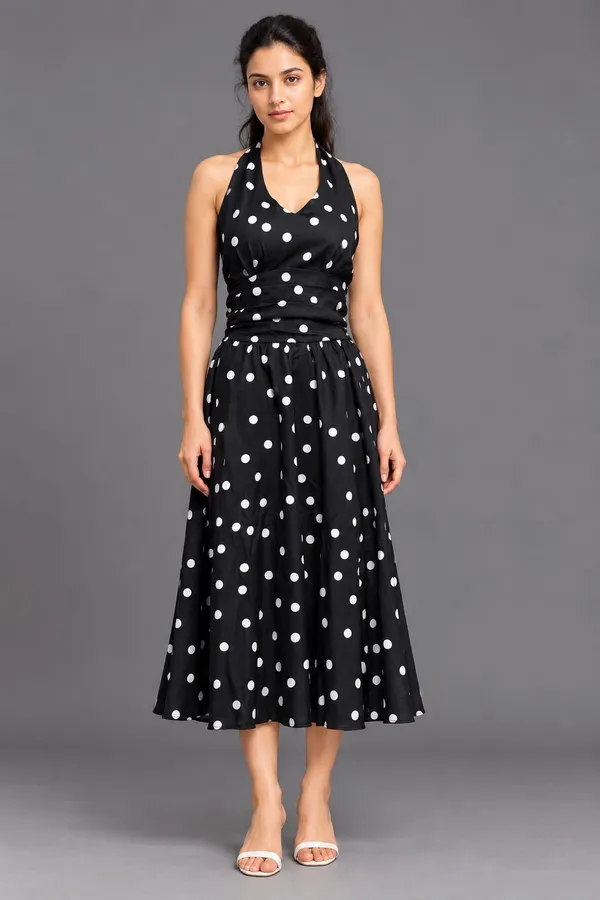 Retro Polka Halter Midi Dress