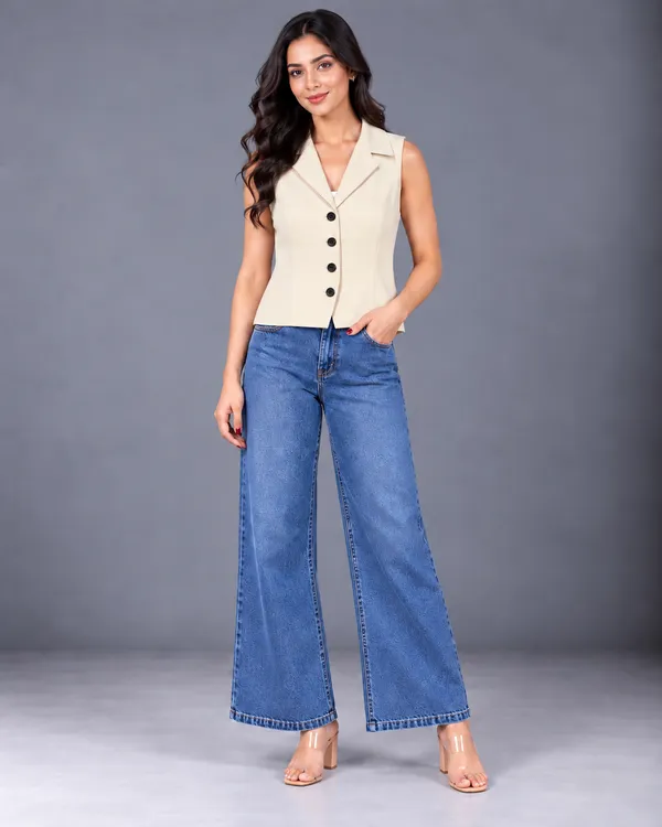 Women’s Beige Four-Button Tailored Sleeveless Vest