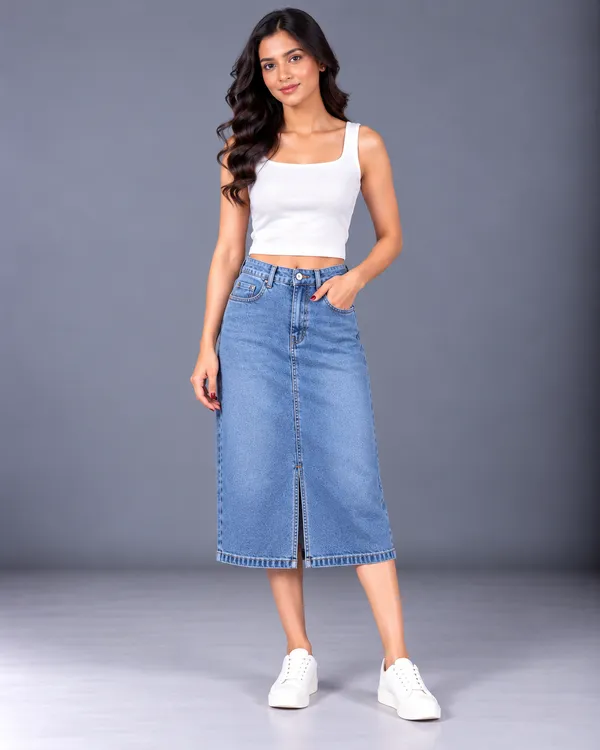 Women’s High-Waisted A-Line Denim Midi Skirt