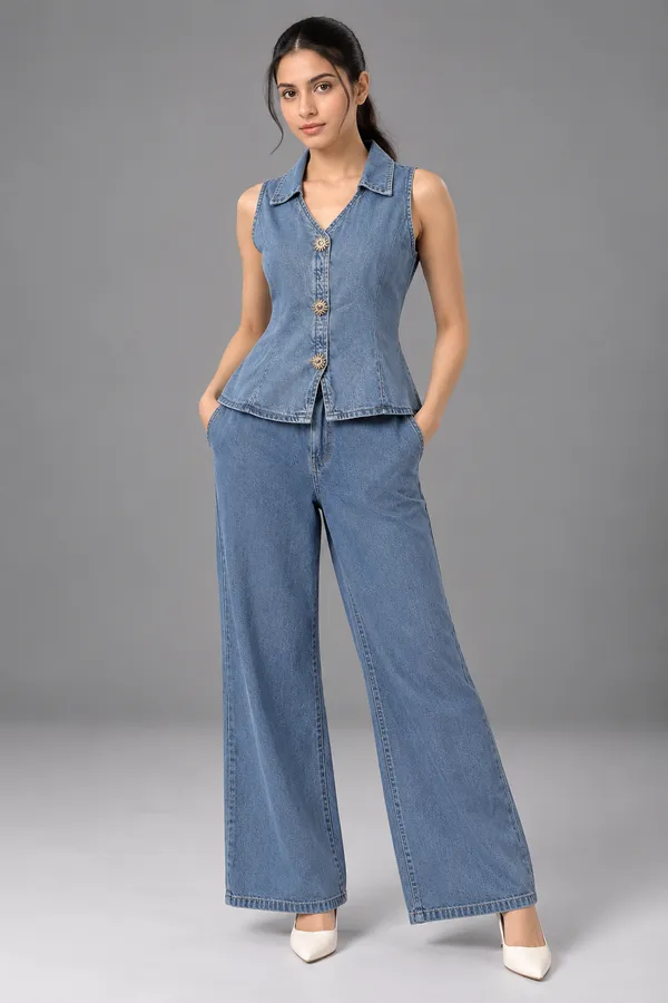 Denim Elegance Button-Front Co-Ord Set