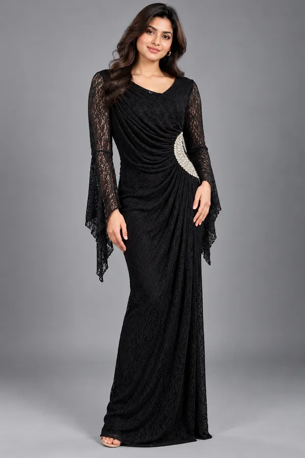 Elegant Draped Lace Maxi Dress